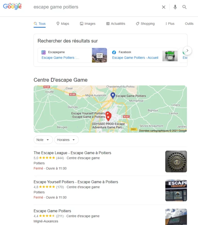 Exemple de référencement local avec la requête Escape Game Poitiers